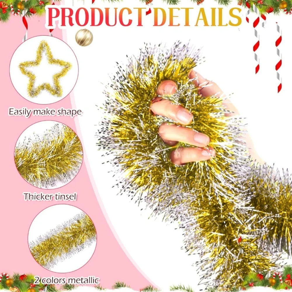 164 ft Christmas Frost Tip Tinsel Garland Glitter Silver Edge Metallic Streamers